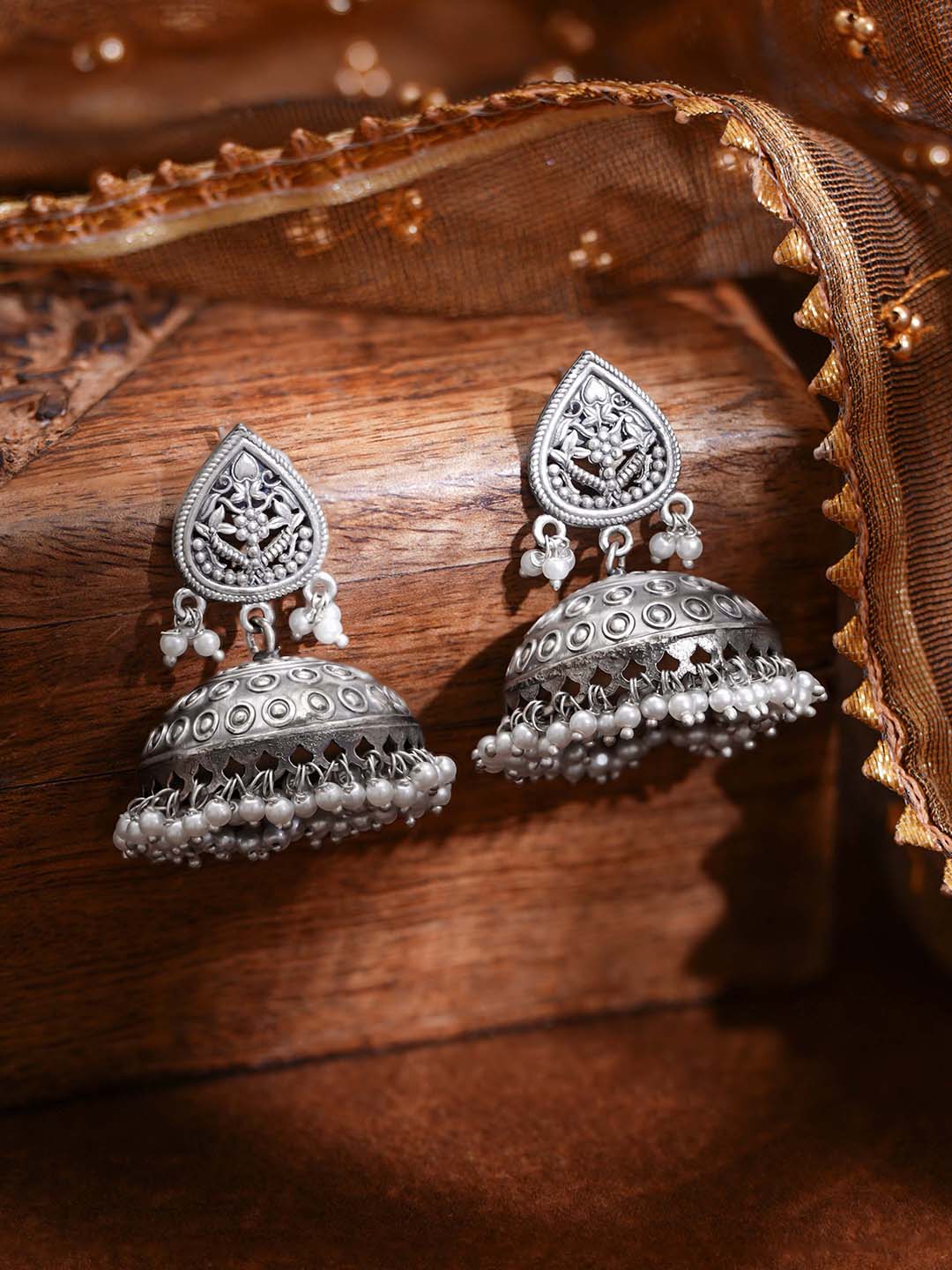 Oxidised Silver Tone Brass Dome Engraved Dome Traditional Jhumka Earrings フリーサイズ