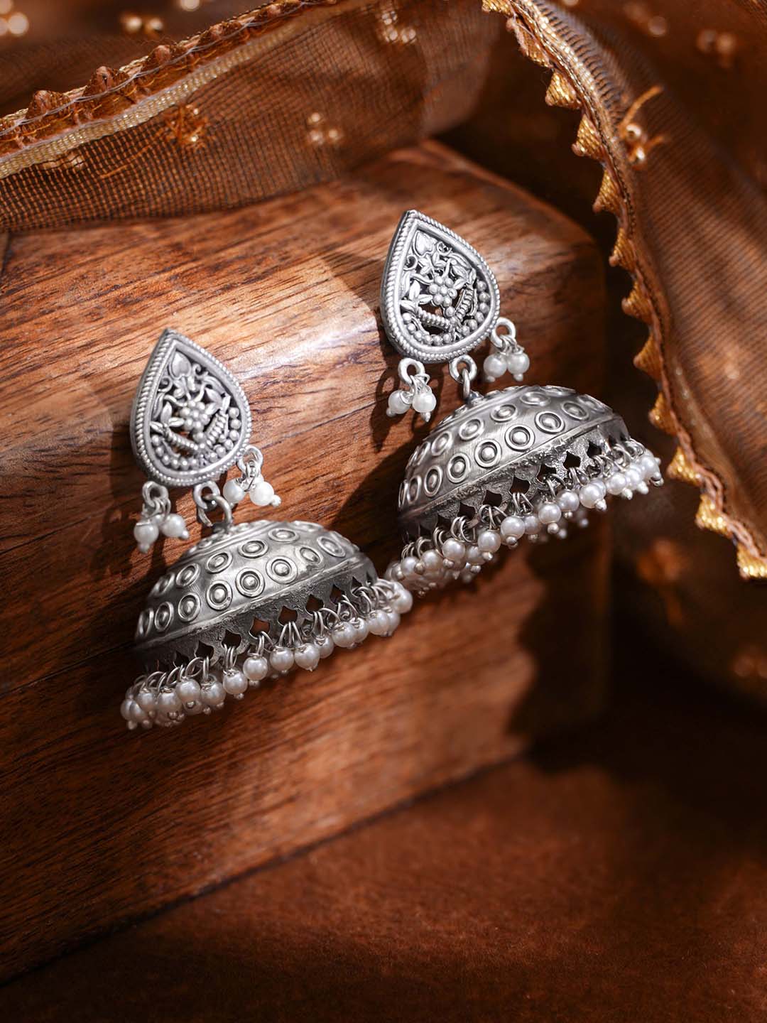 Oxidised Silver Tone Brass Dome Engraved Dome Traditional Jhumka Earrings フリーサイズ