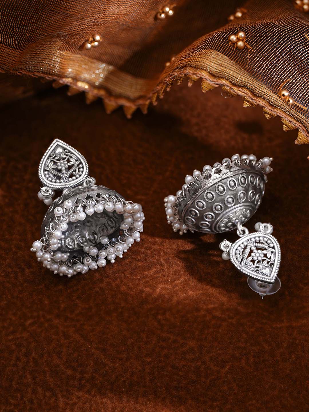 Oxidised Silver Tone Brass Dome Engraved Dome Traditional Jhumka Earrings フリーサイズ