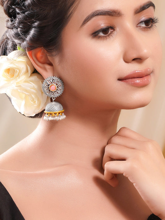Oxidised Silver Tone Brass Pink Accents Pearl Jhumka Earrings フリーサイズ