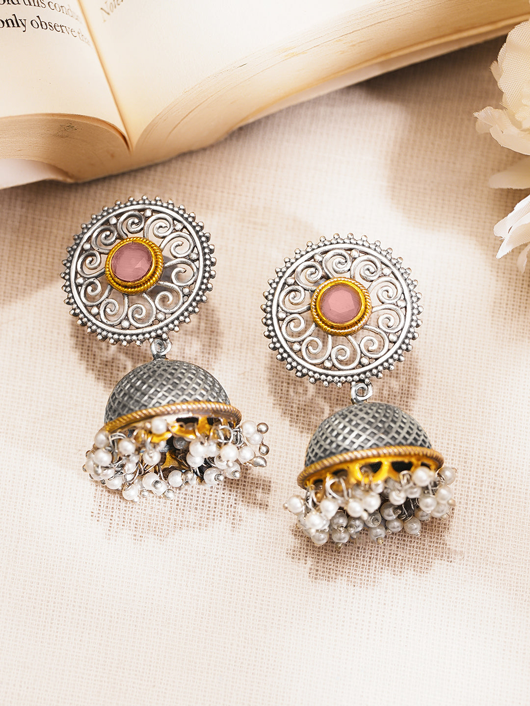 Oxidised Silver Tone Brass Pink Accents Pearl Jhumka Earrings フリーサイズ