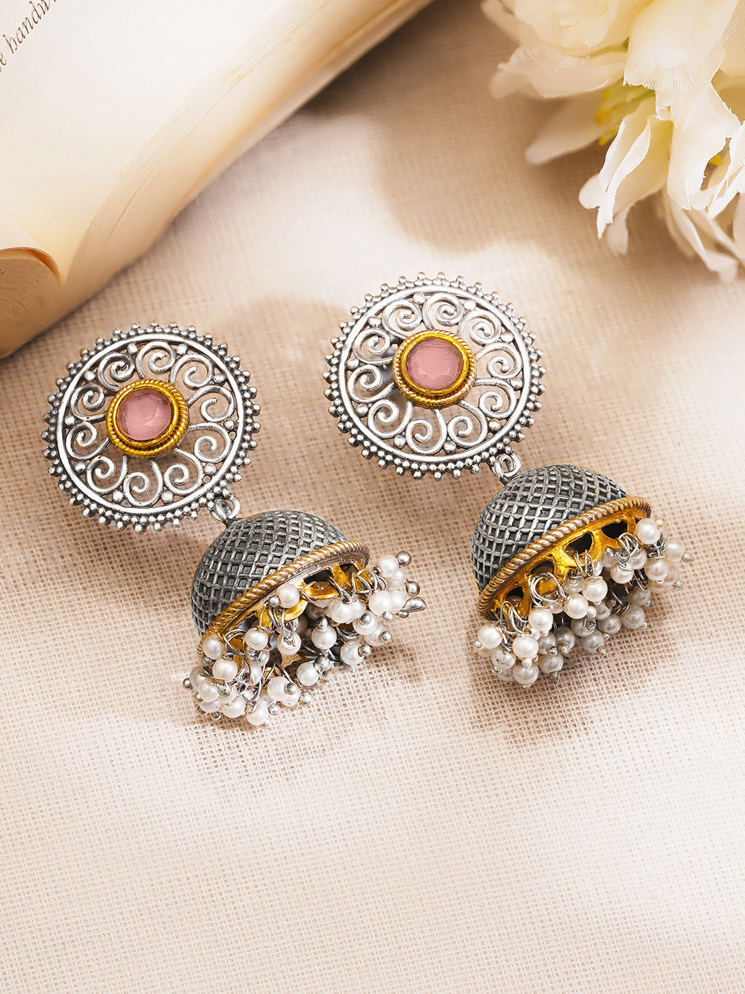 Oxidised Silver Tone Brass Pink Accents Pearl Jhumka Earrings フリーサイズ