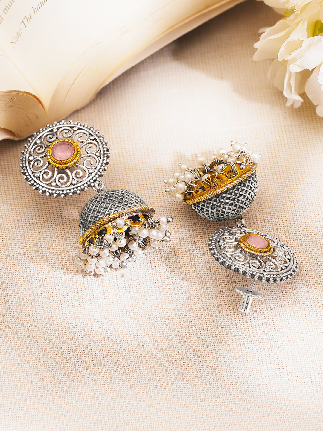 Oxidised Silver Tone Brass Pink Accents Pearl Jhumka Earrings フリーサイズ