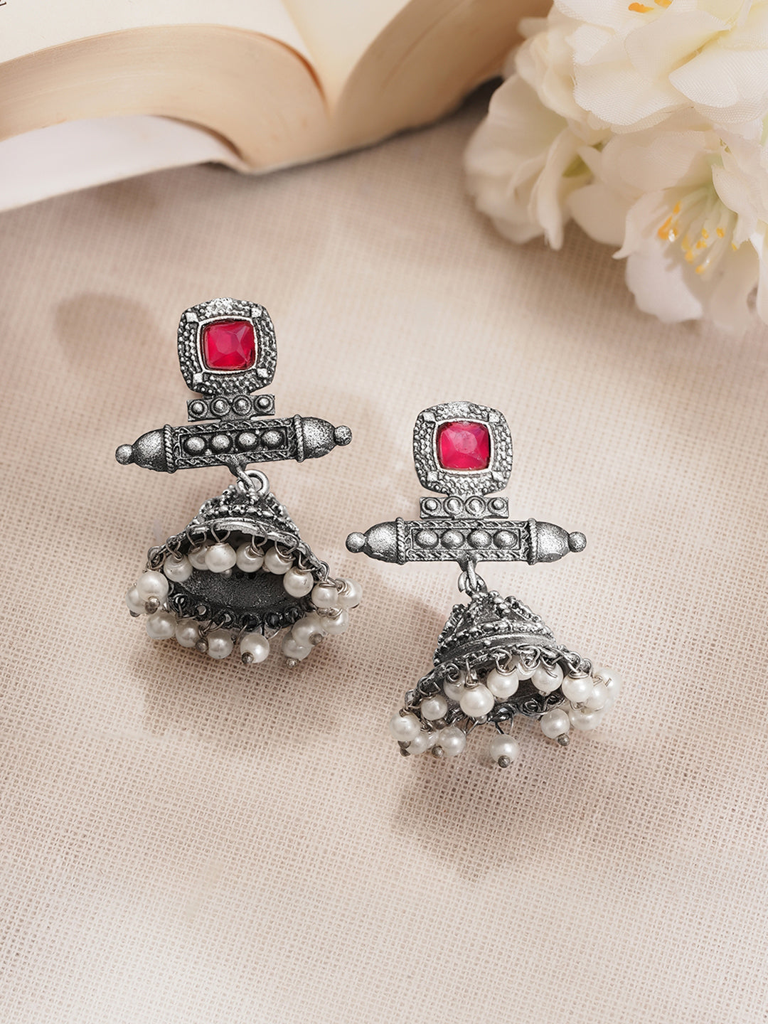 Rubans Women Oxidised Silver Tone Brass Ruby Pink Pearl Jhumka Earrings Length - 5.5 cm