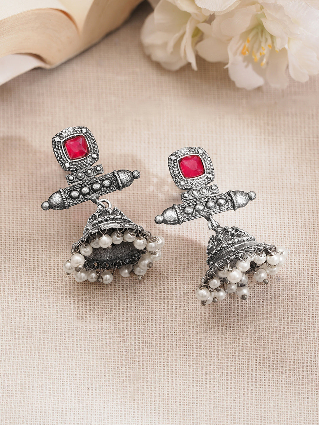 Rubans Women Oxidised Silver Tone Brass Ruby Pink Pearl Jhumka Earrings Length - 5.5 cm
