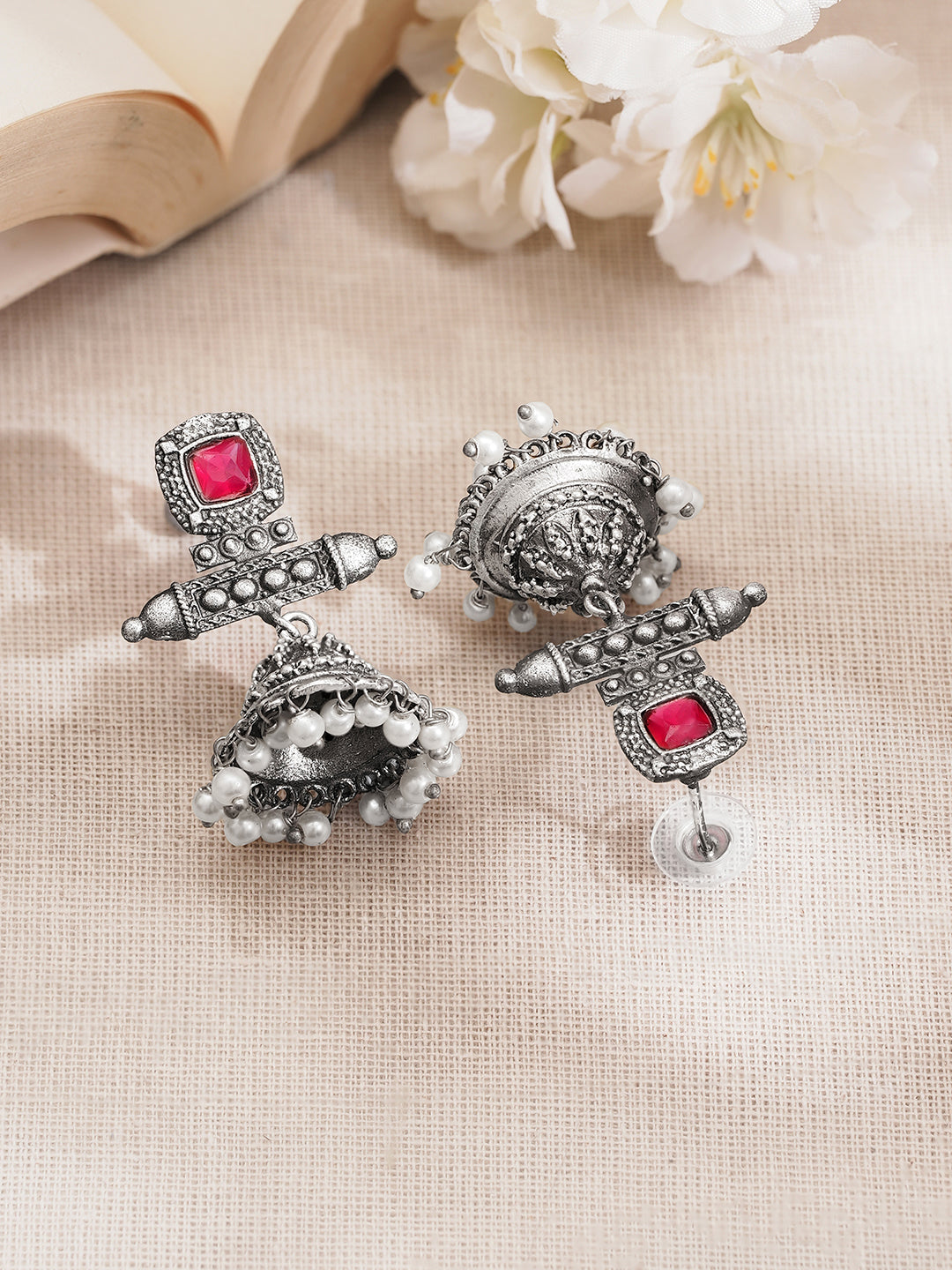 Rubans Women Oxidised Silver Tone Brass Ruby Pink Pearl Jhumka Earrings Length - 5.5 cm