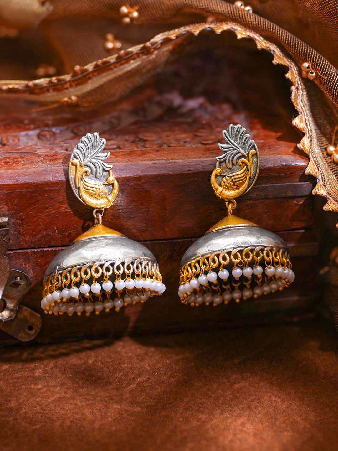 Dual Tone Oxidised Brass Peacock Pearl Beaded Jhumka Earrings フリーサイズ