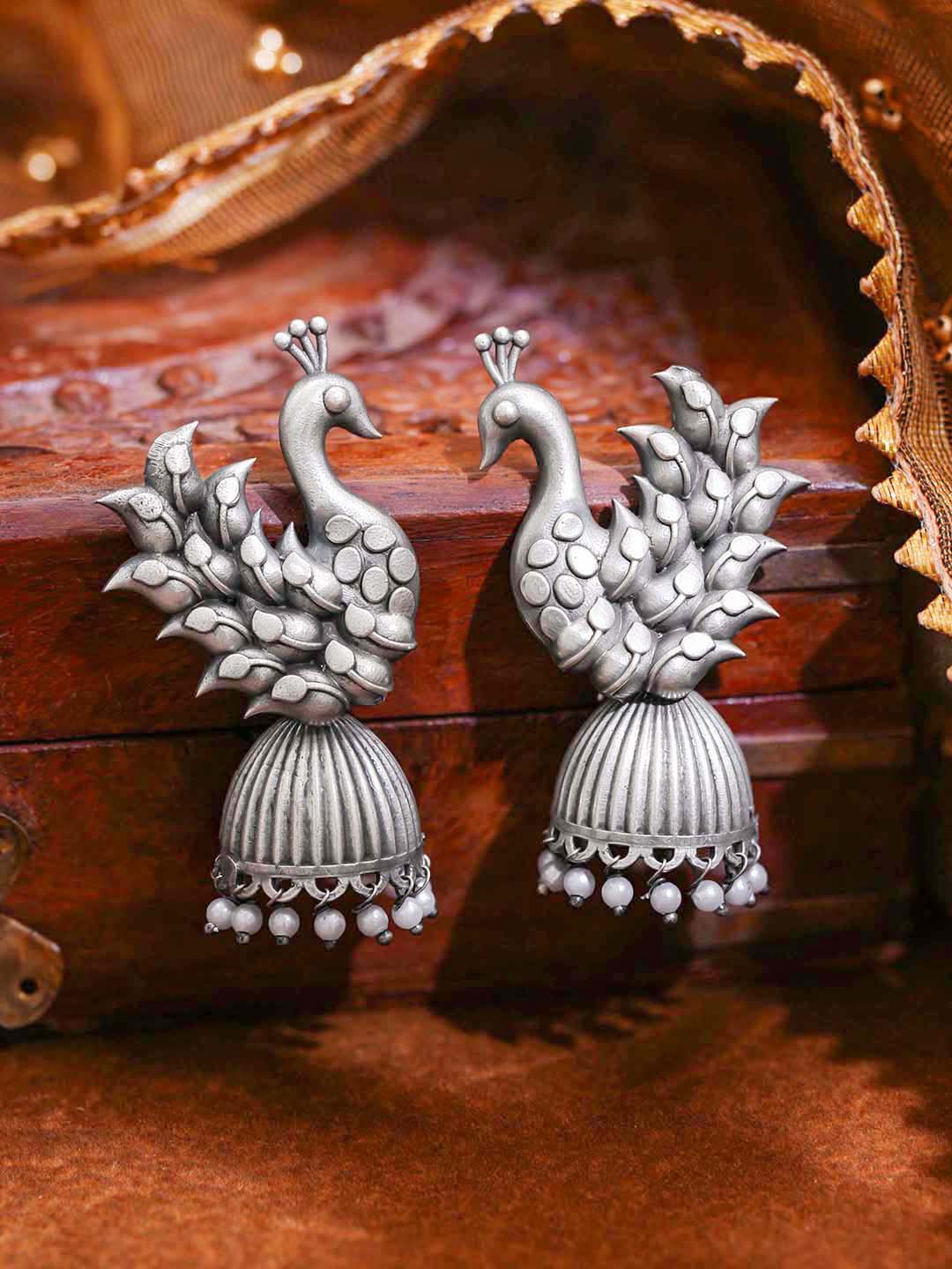 Oxidised Silver Tone Brass Peacock Motif Jhumka Earrings with Pearl Drops フリーサイズ