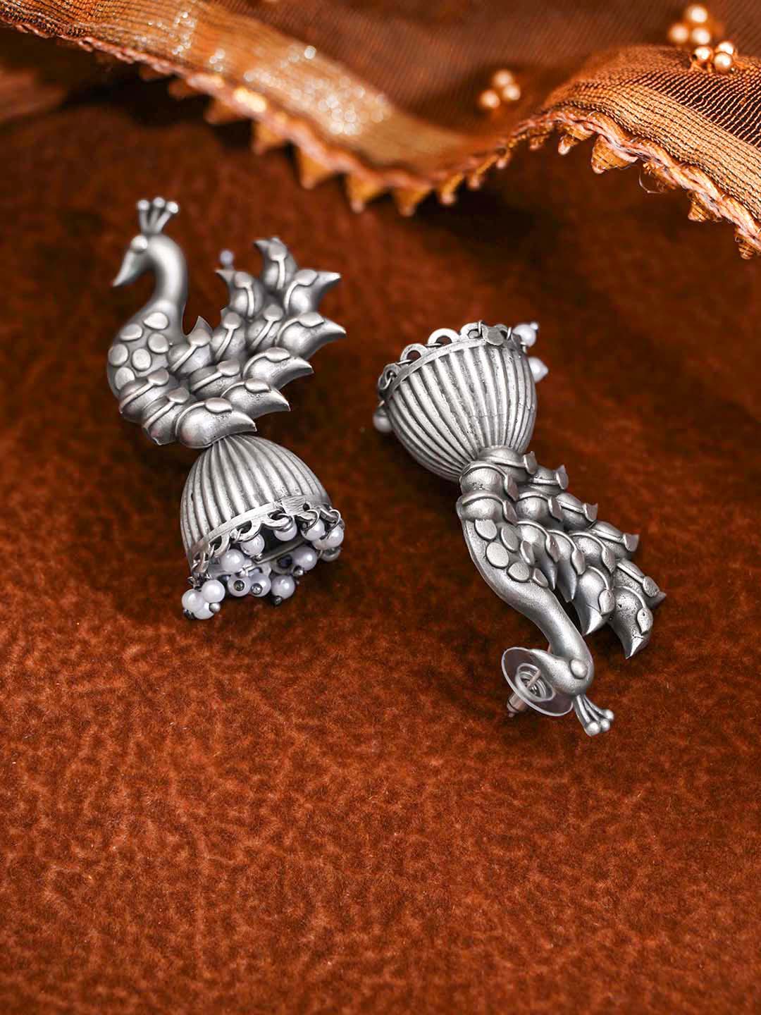Oxidised Silver Tone Brass Peacock Motif Jhumka Earrings with Pearl Drops フリーサイズ