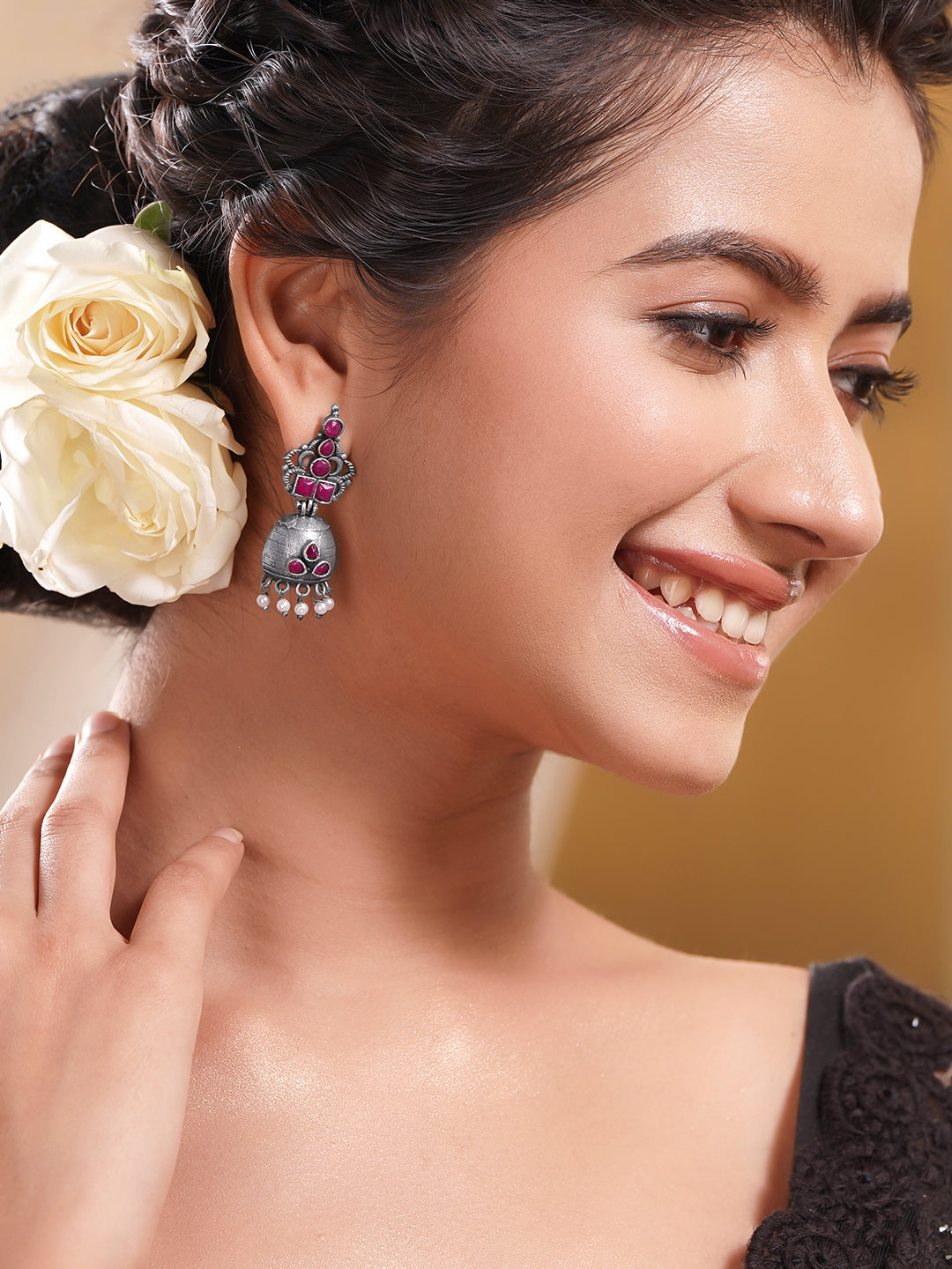 Oxidised Brass Ruby Pink Studded Pearl Drop Jhumka Earrings フリーサイズ