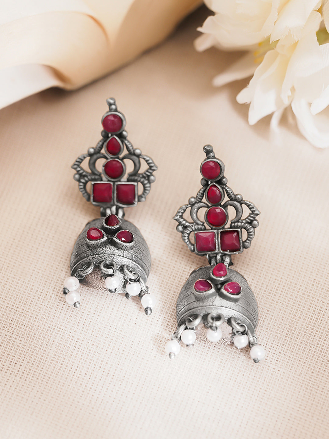 Oxidised Brass Ruby Pink Studded Pearl Drop Jhumka Earrings フリーサイズ