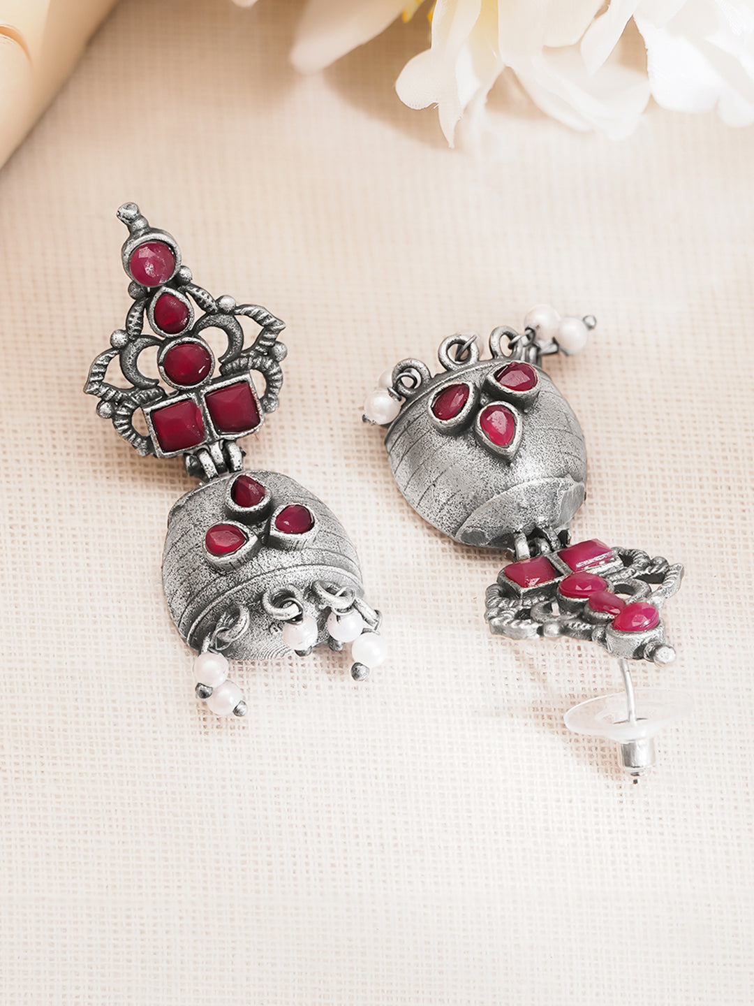 Oxidised Brass Ruby Pink Studded Pearl Drop Jhumka Earrings フリーサイズ