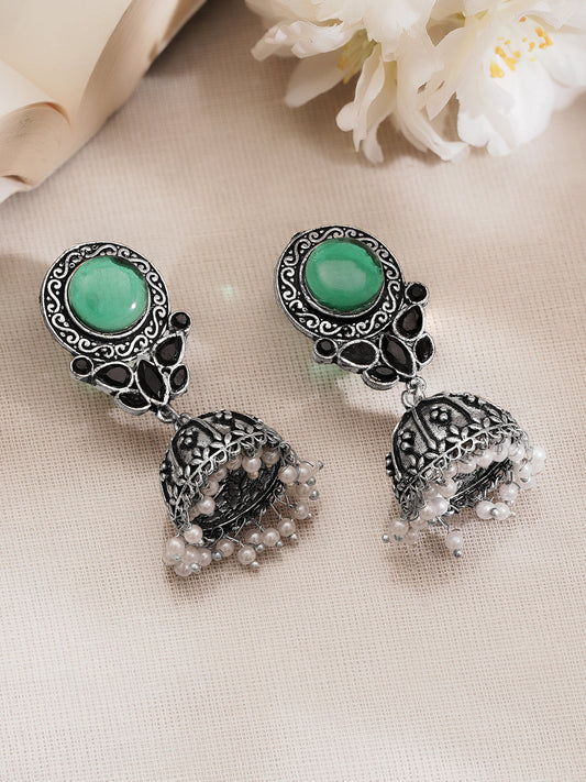 Oxidised Silver Tone Brass Emerald Studded Floral Stud Jhumka Earrings フリーサイズ