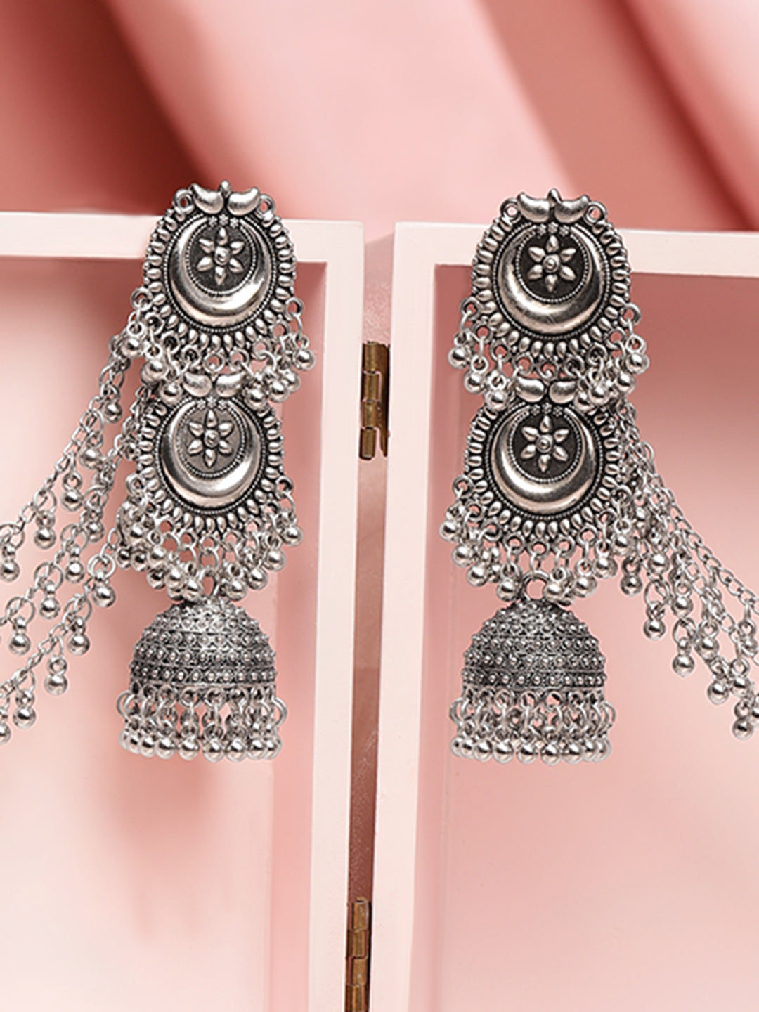 Ethno-Chic Oxidised Jhumka with Kaan Chain フリーサイズ