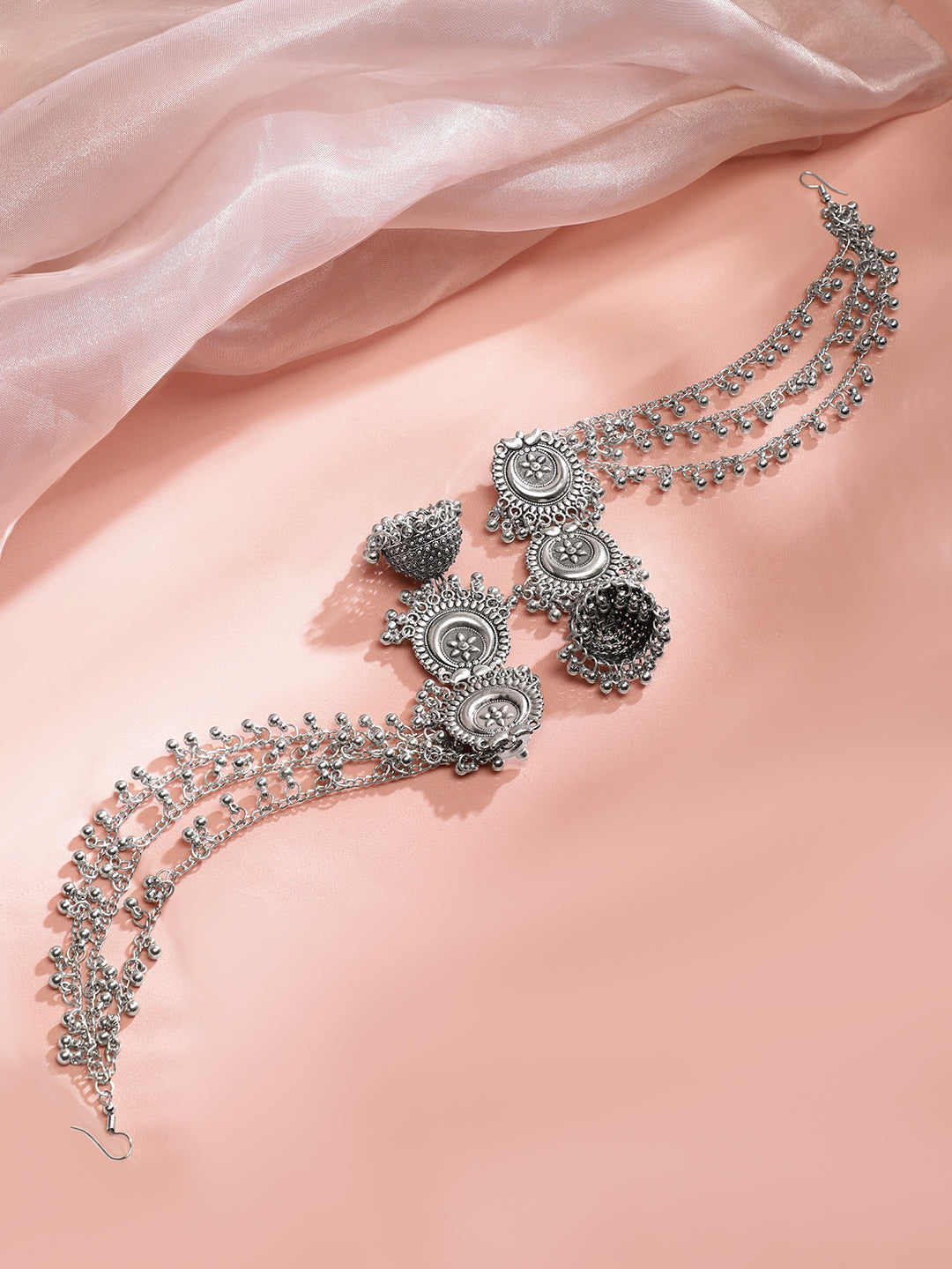 Ethno-Chic Oxidised Jhumka with Kaan Chain フリーサイズ