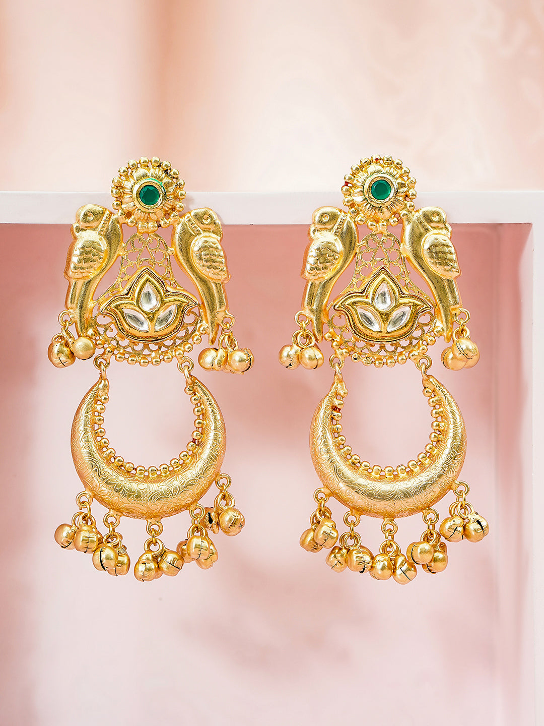 Bird Motif Gold Toned Kashmiri Dangler Earrings フリーサイズ