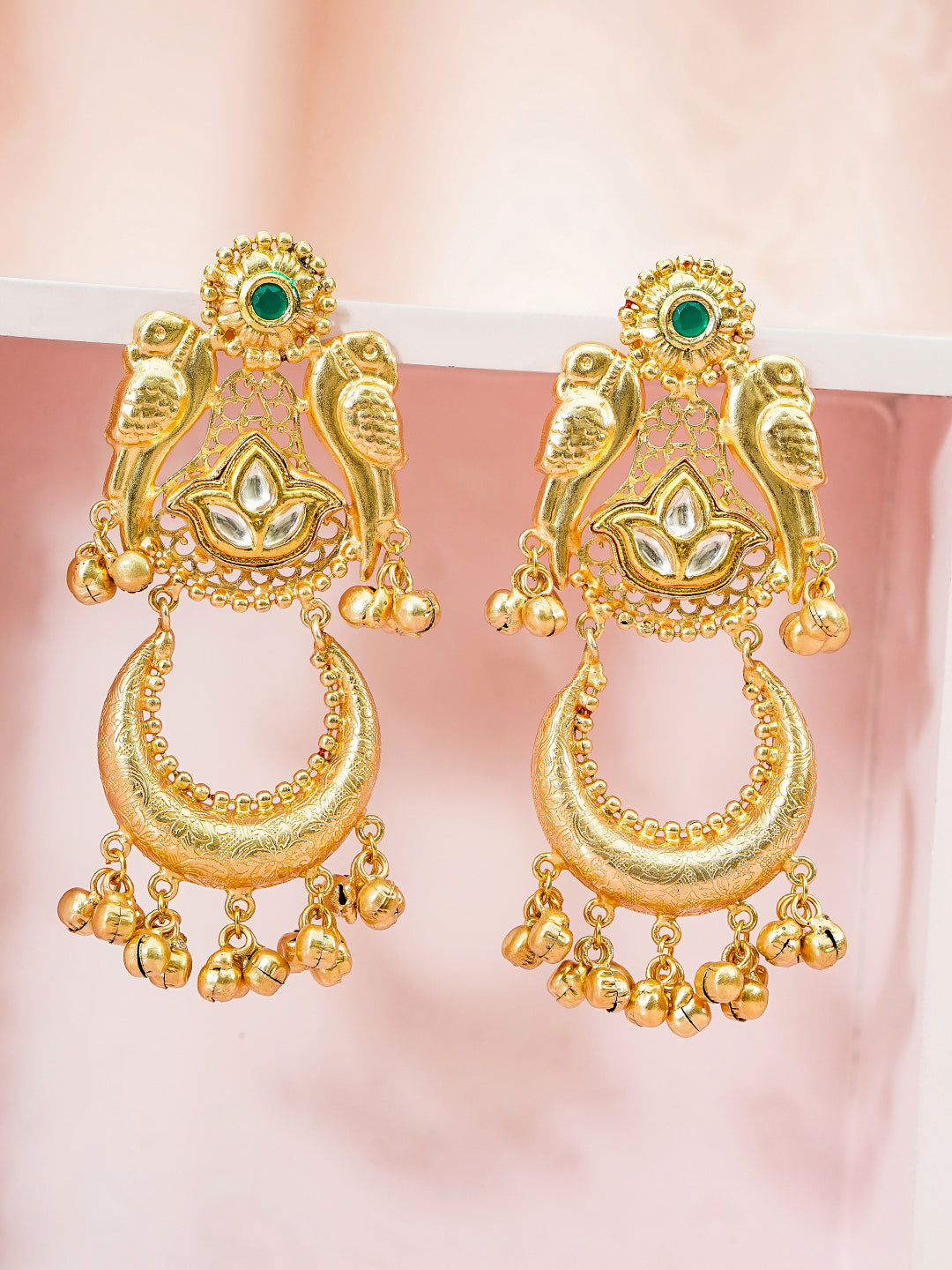 Bird Motif Gold Toned Kashmiri Dangler Earrings フリーサイズ