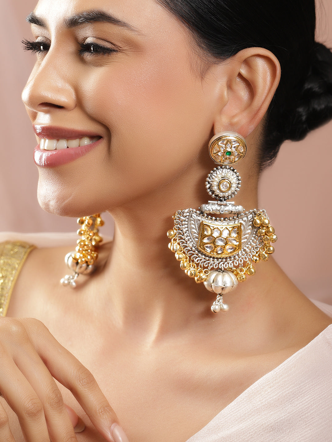 Oxidised Gold Beaded Kashmiri Chandbali Earrings フリーサイズ
