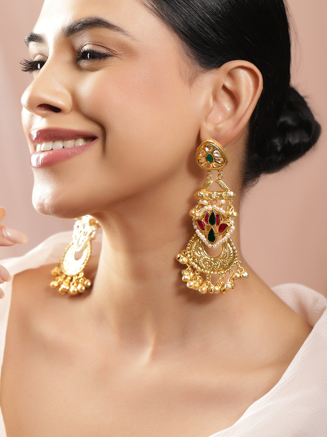 Gold Beaded Lotus Motif Kashmiri Dangler Earrings フリーサイズ
