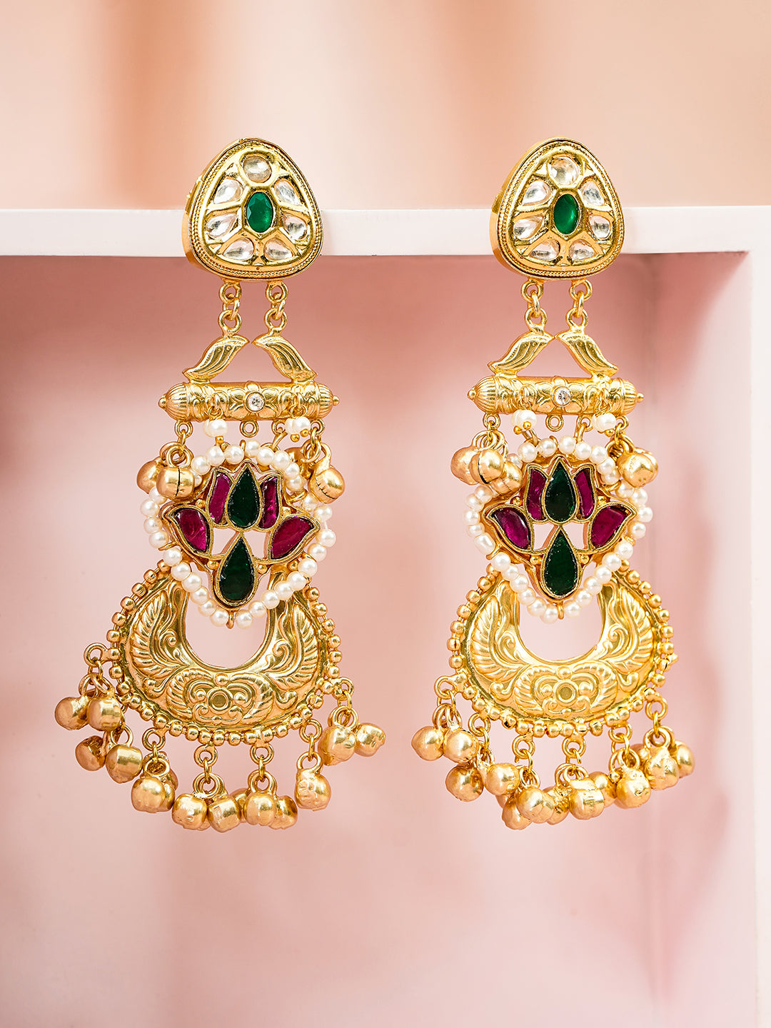Gold Beaded Lotus Motif Kashmiri Dangler Earrings フリーサイズ
