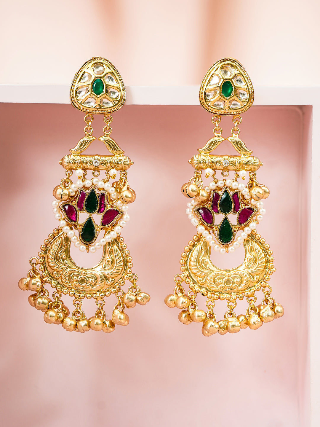 Gold Beaded Lotus Motif Kashmiri Dangler Earrings フリーサイズ