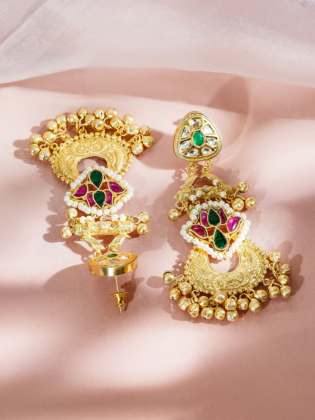 Gold Beaded Lotus Motif Kashmiri Dangler Earrings フリーサイズ