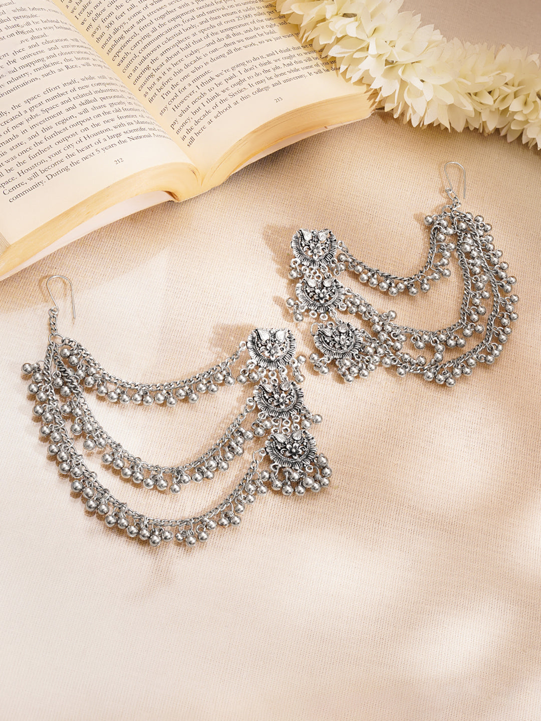 【Rubans】 Oxidised Ghungroo Layered Ear Chain Statement Earrings｜オキシダイズド グングルー レイヤード イヤーチェーン ステートメントイヤリング