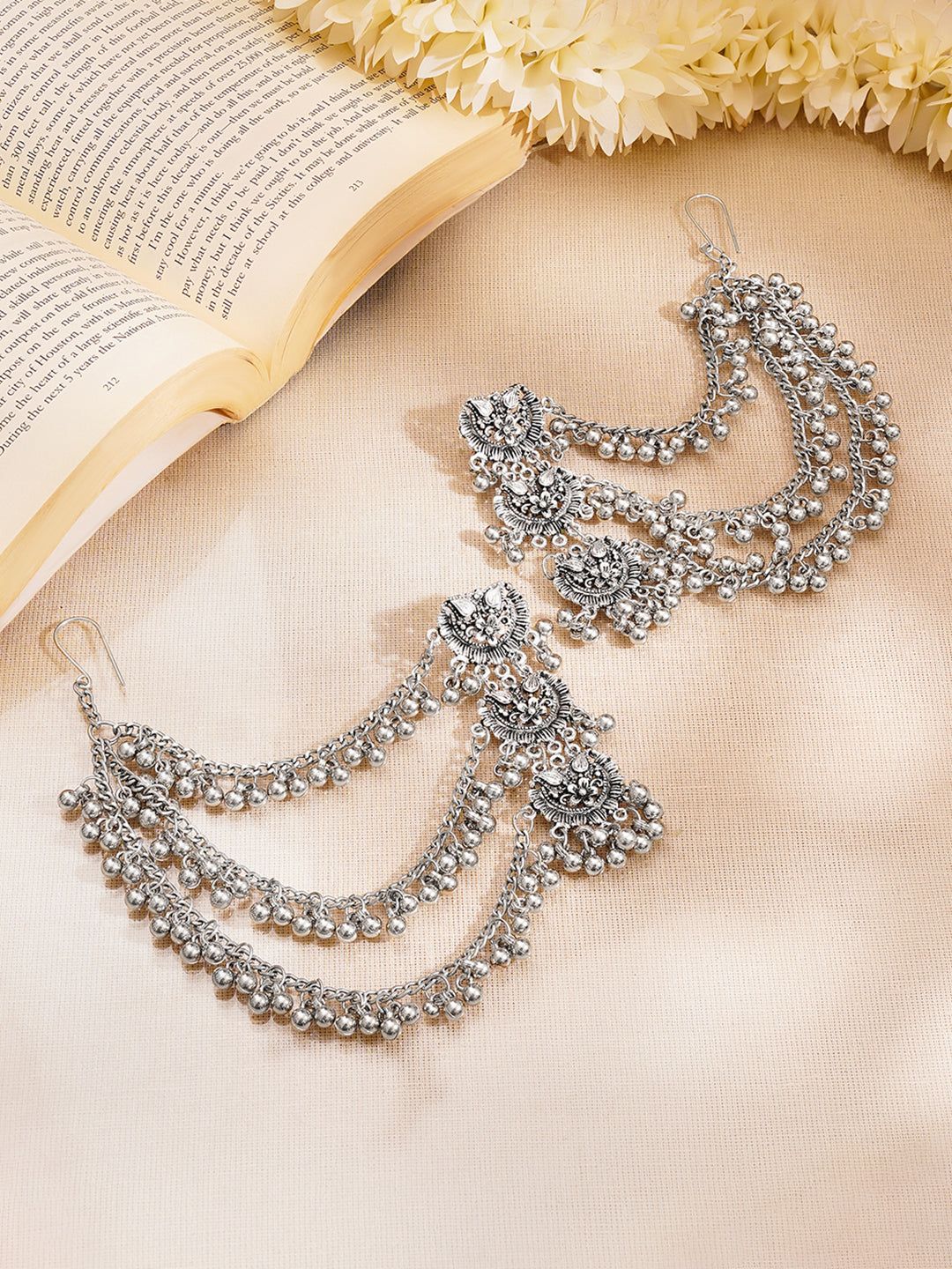 【Rubans】 Oxidised Ghungroo Layered Ear Chain Statement Earrings｜オキシダイズド グングルー レイヤード イヤーチェーン ステートメントイヤリング