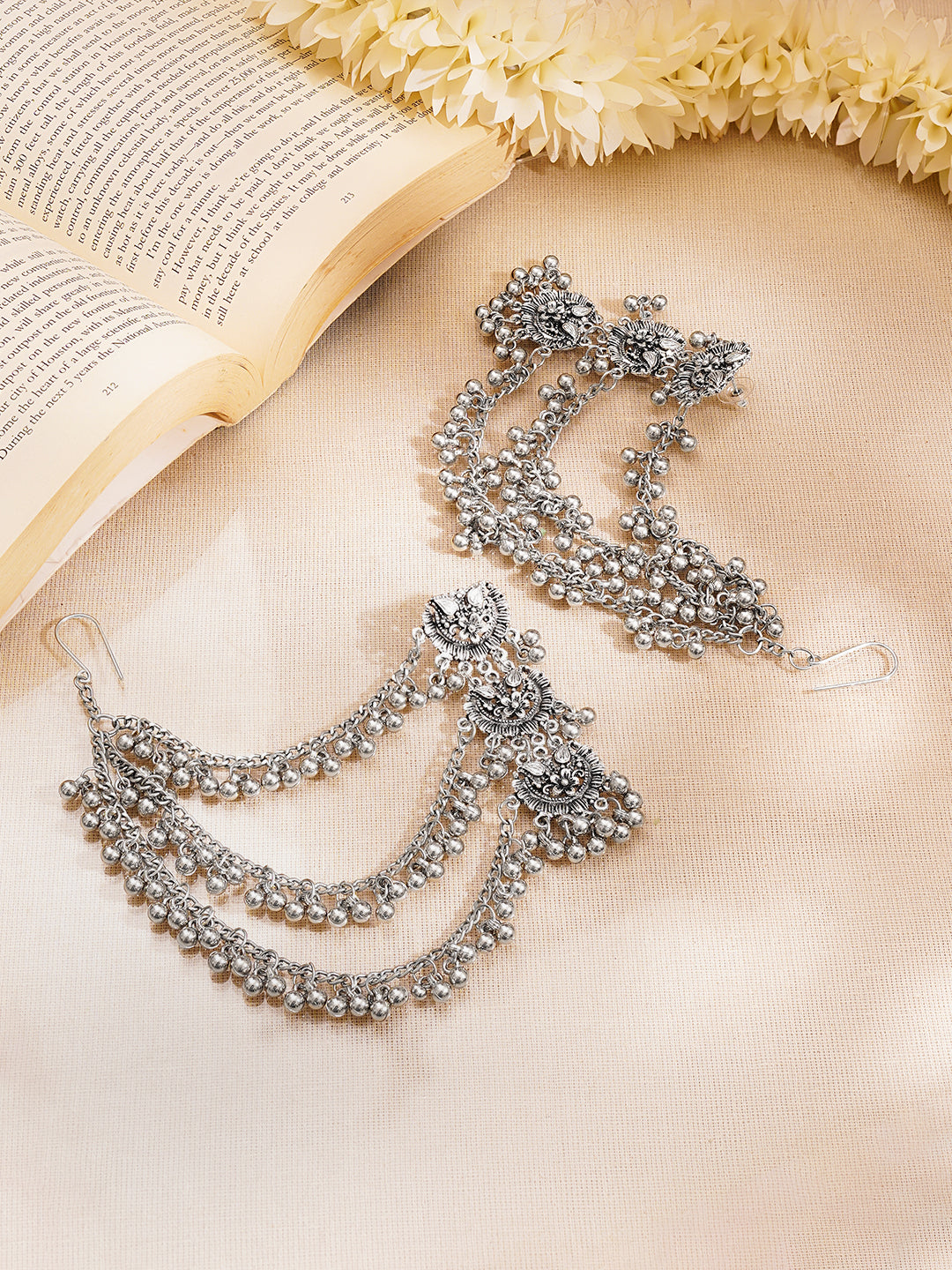 【Rubans】 Oxidised Ghungroo Layered Ear Chain Statement Earrings｜オキシダイズド グングルー レイヤード イヤーチェーン ステートメントイヤリング