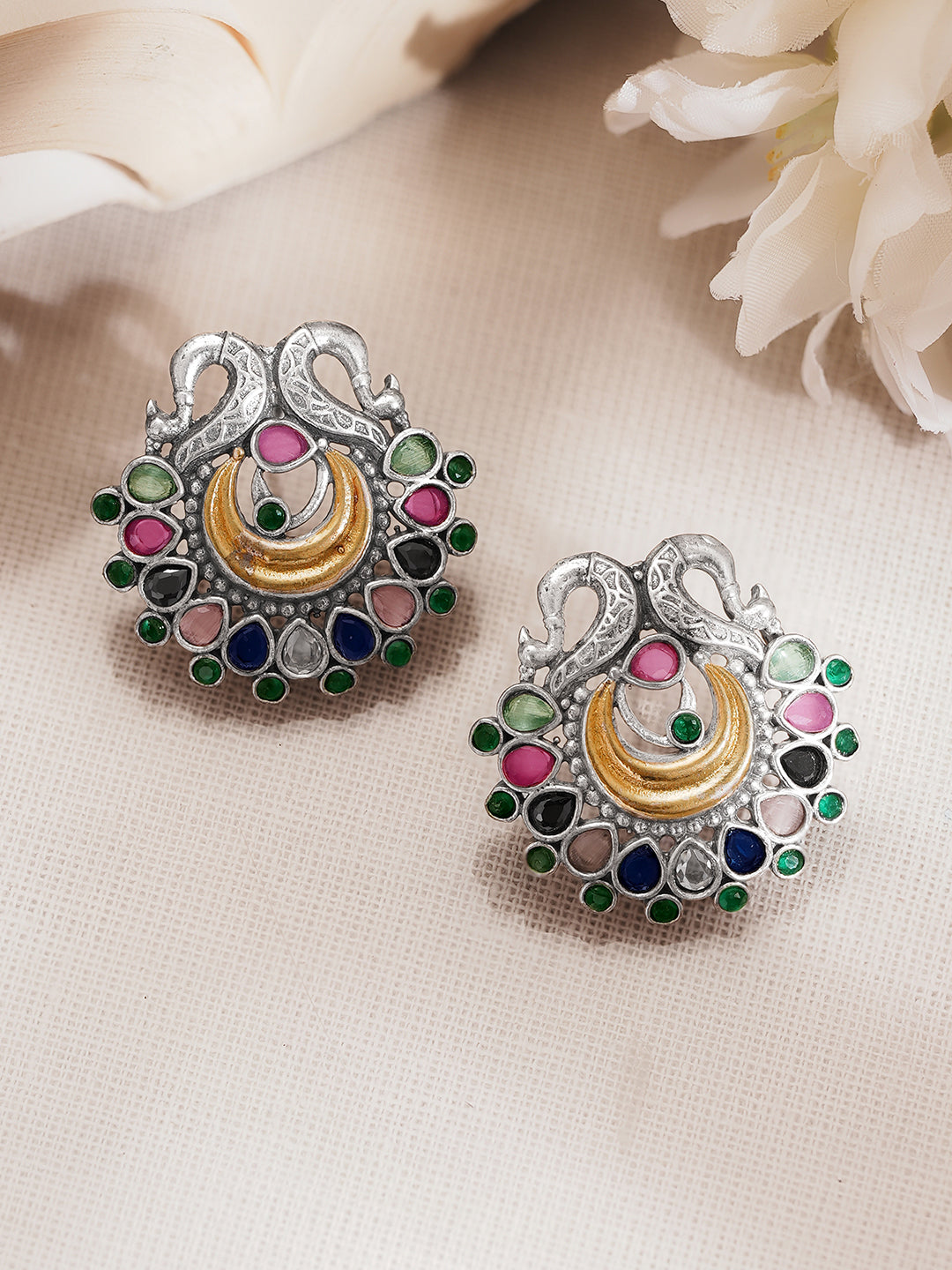 Oxidised Silver Tone Brass Multicolour Peacock Stud Earrings フリーサイズ