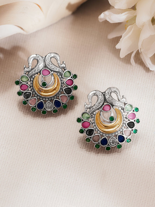 Oxidised Silver Tone Brass Multicolour Peacock Stud Earrings フリーサイズ