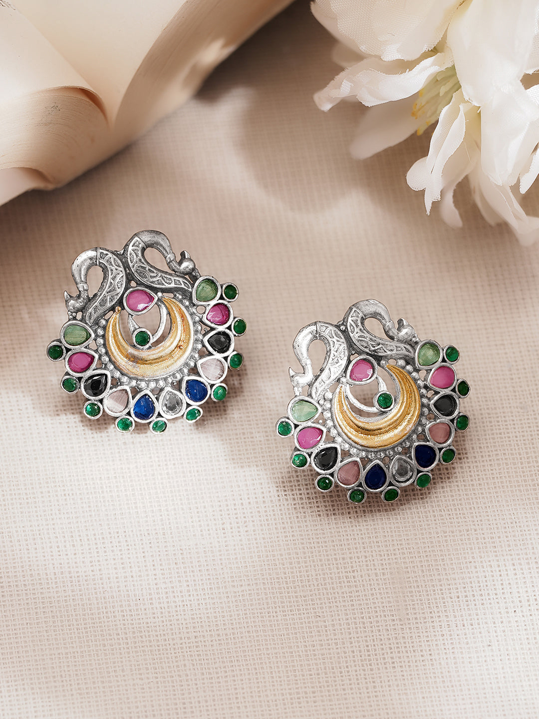 Oxidised Silver Tone Brass Multicolour Peacock Stud Earrings フリーサイズ