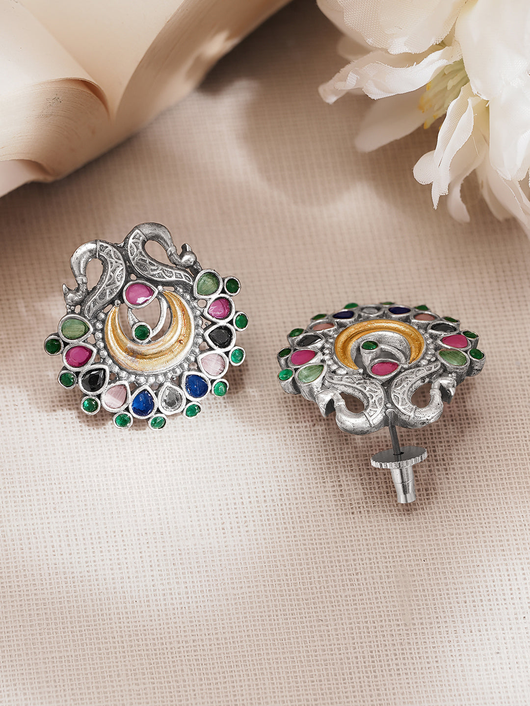 Oxidised Silver Tone Brass Multicolour Peacock Stud Earrings フリーサイズ
