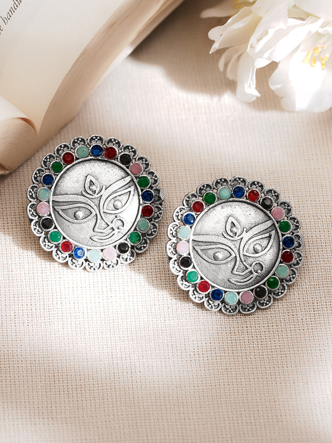 Oxidised Silver Tone Brass Multicolour Beaded Durga Face Stud Earrings フリーサイズ