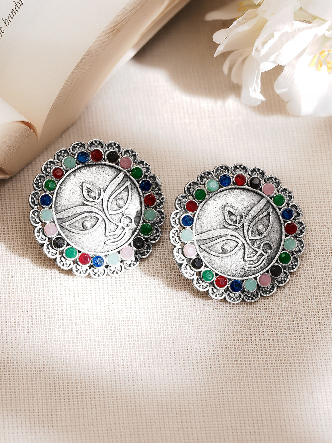 Oxidised Silver Tone Brass Multicolour Beaded Durga Face Stud Earrings フリーサイズ