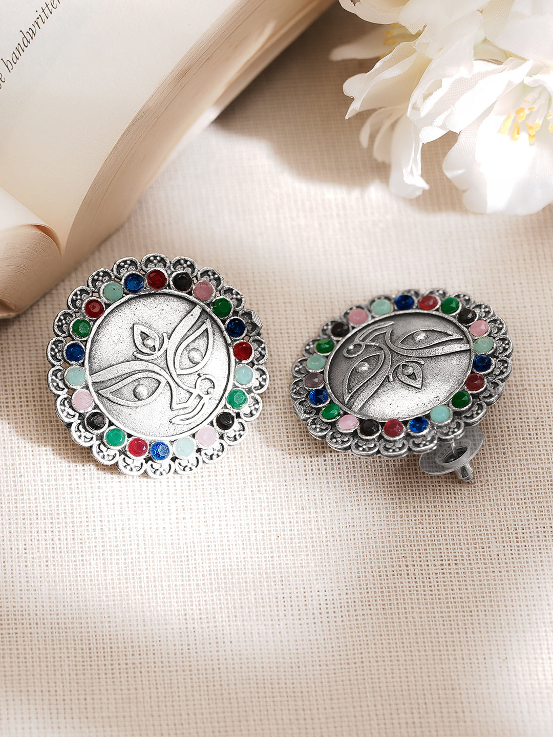 Oxidised Silver Tone Brass Multicolour Beaded Durga Face Stud Earrings フリーサイズ