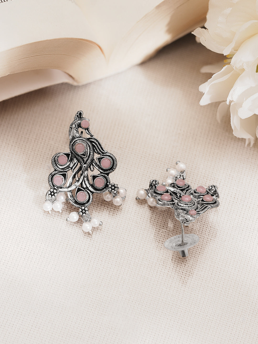 Oxidised Pastel Pink Peacock Stud Earrings フリーサイズ