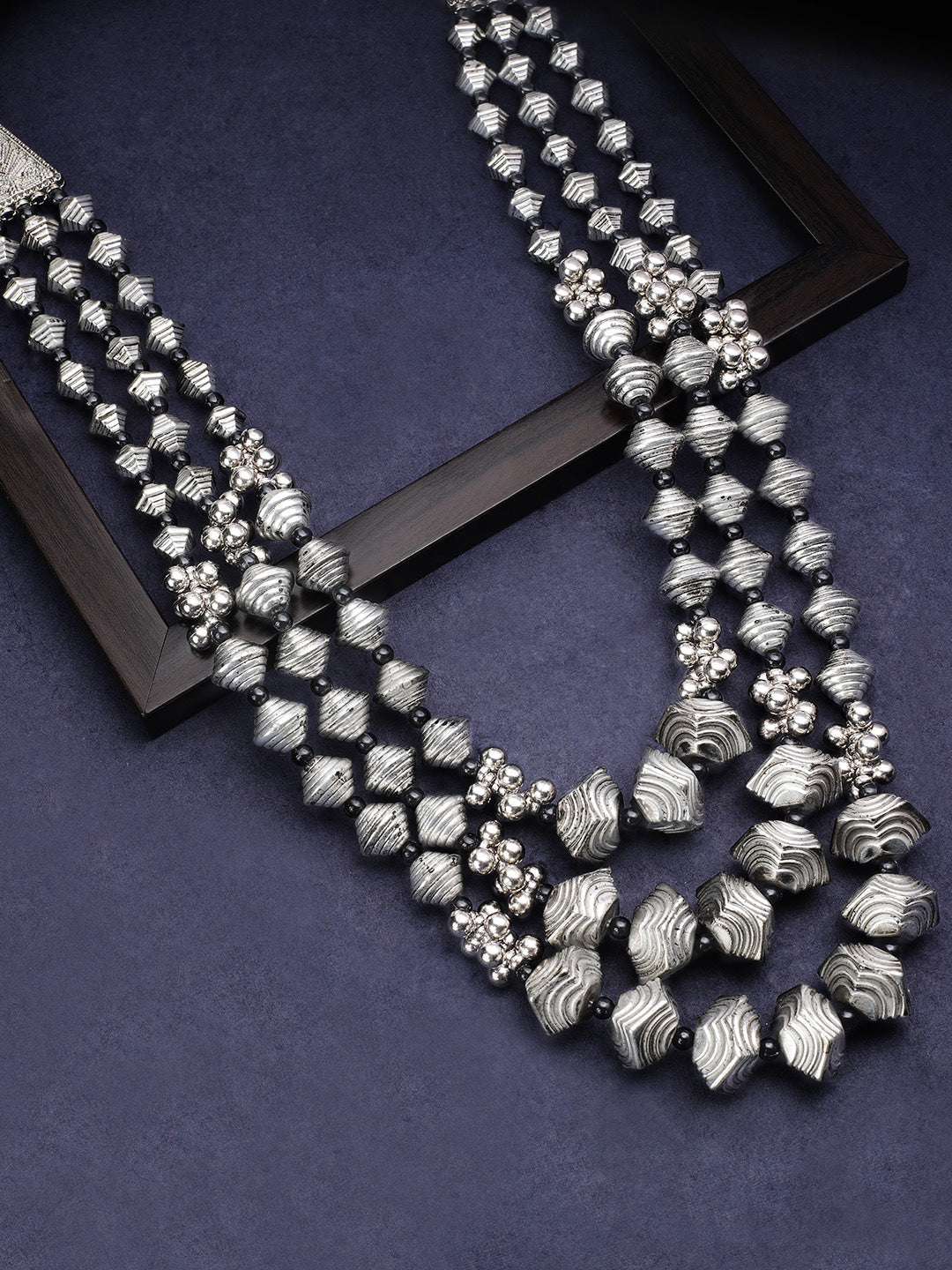 Rubans Silver Plated Oxidised Handcrafted Multi Layer Boho Necklace Silver