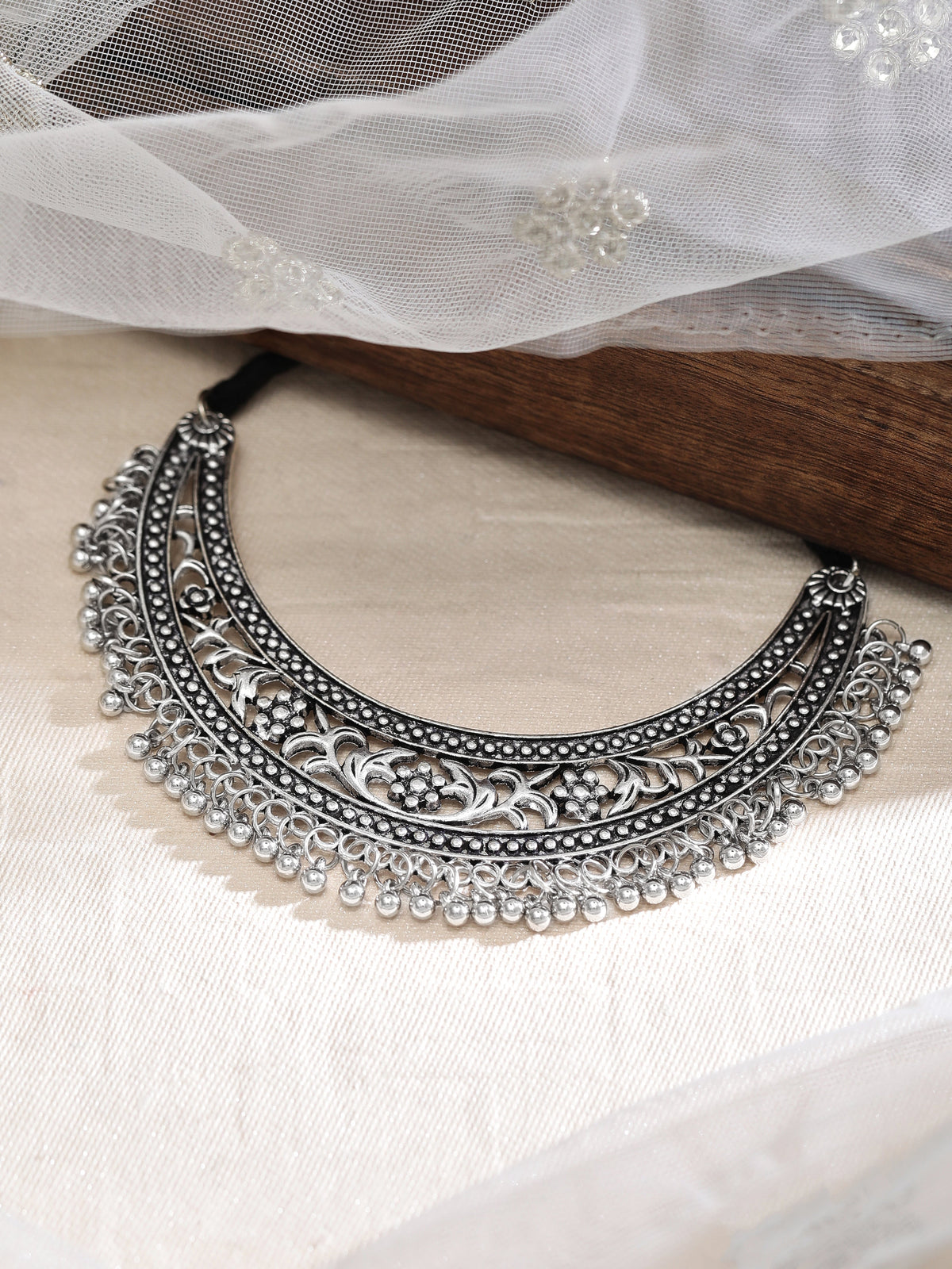 Rubans Oxidised Silver Plated Handcrafted Filligree Necklace Silver