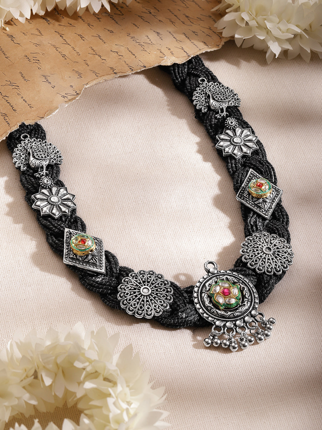 Oxidised Peacock & Floral Motif Black Necklace フリーサイズ