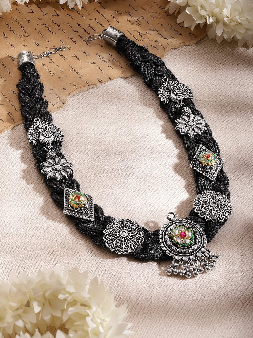 Oxidised Peacock & Floral Motif Black Necklace フリーサイズ