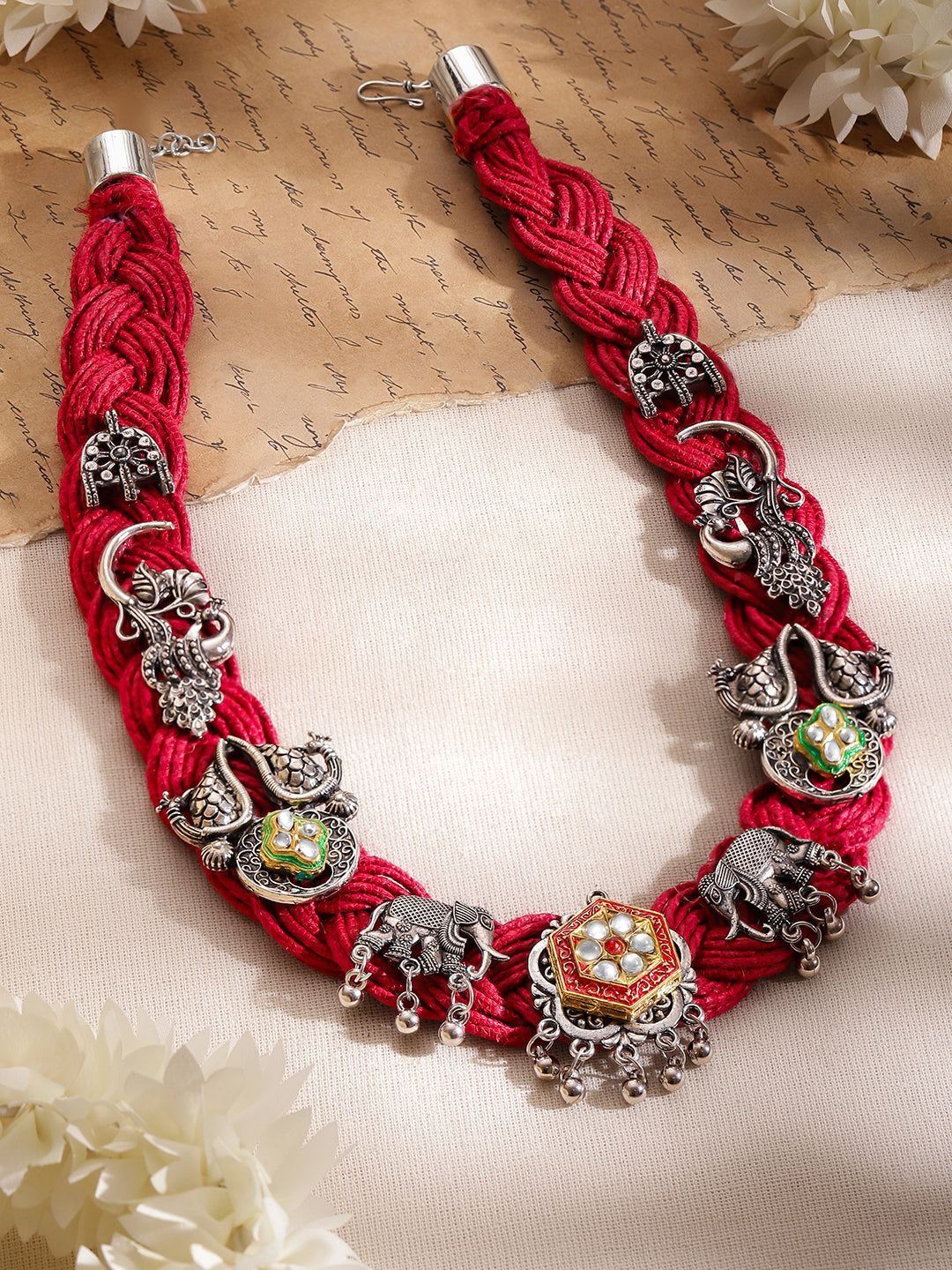 Oxidised Peacock & Elephant Motif Red Necklace フリーサイズ