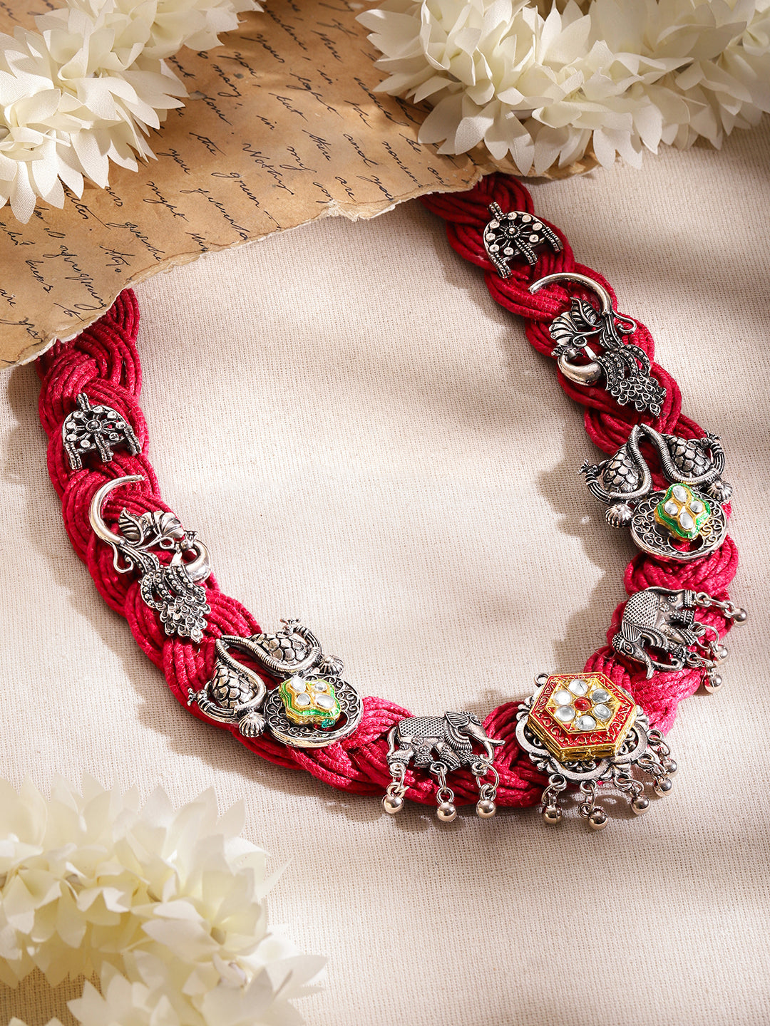 Oxidised Peacock & Elephant Motif Red Necklace フリーサイズ