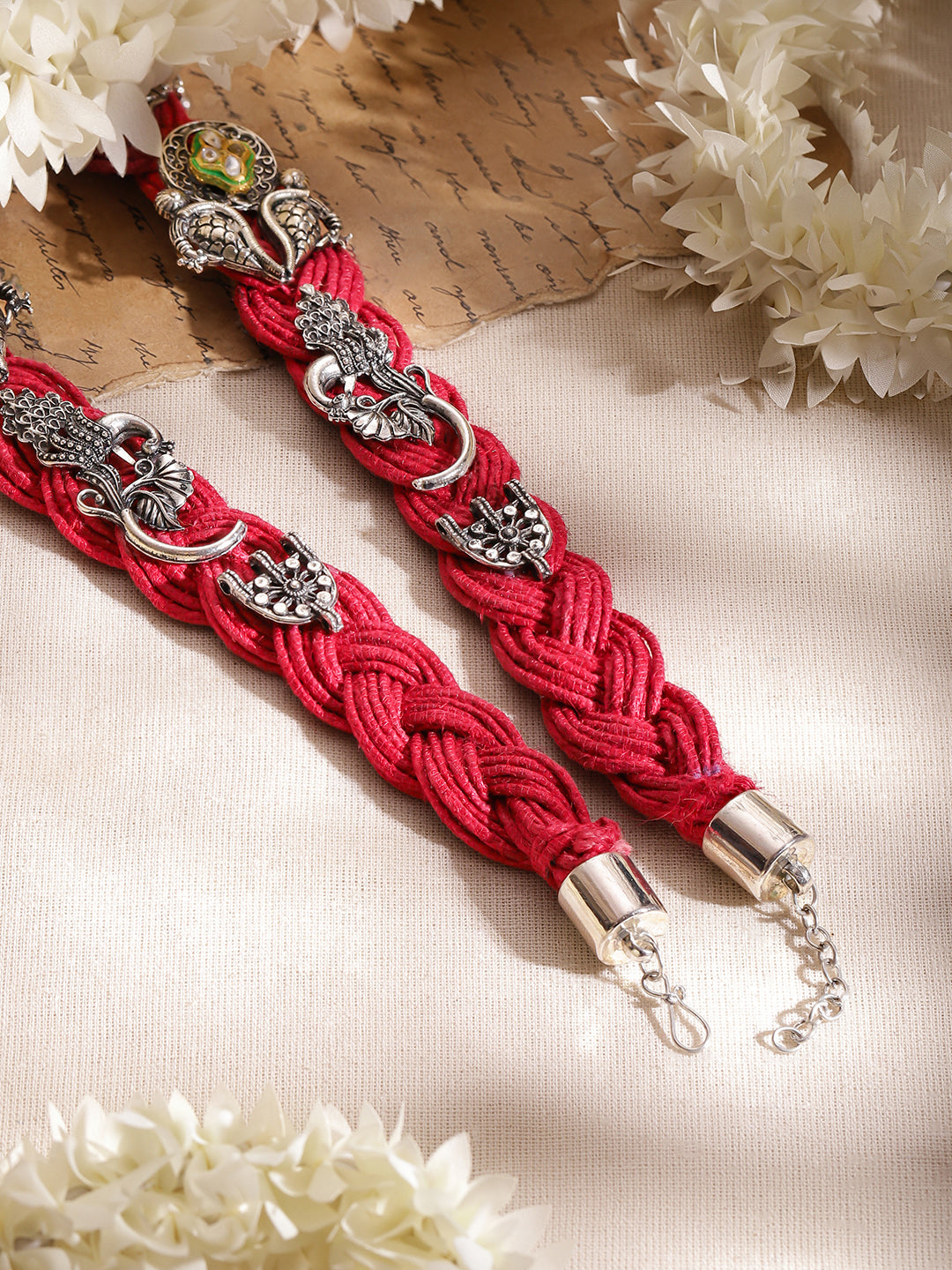 Oxidised Peacock & Elephant Motif Red Necklace フリーサイズ