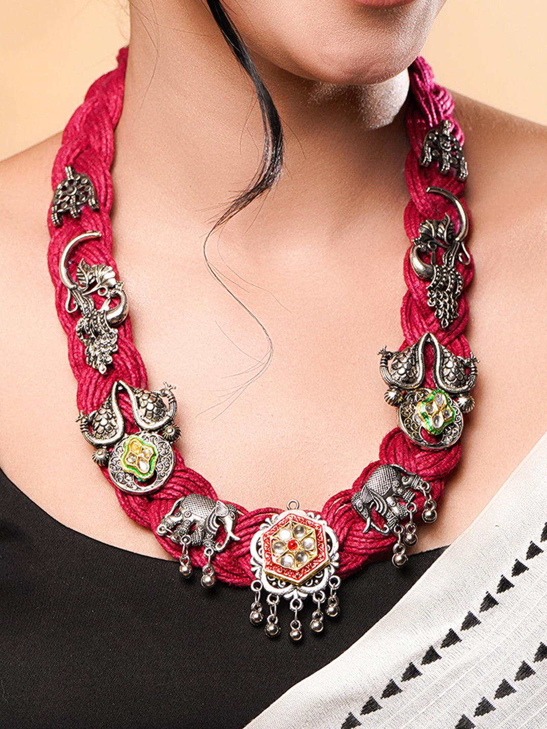 Oxidised Peacock & Elephant Motif Red Necklace フリーサイズ