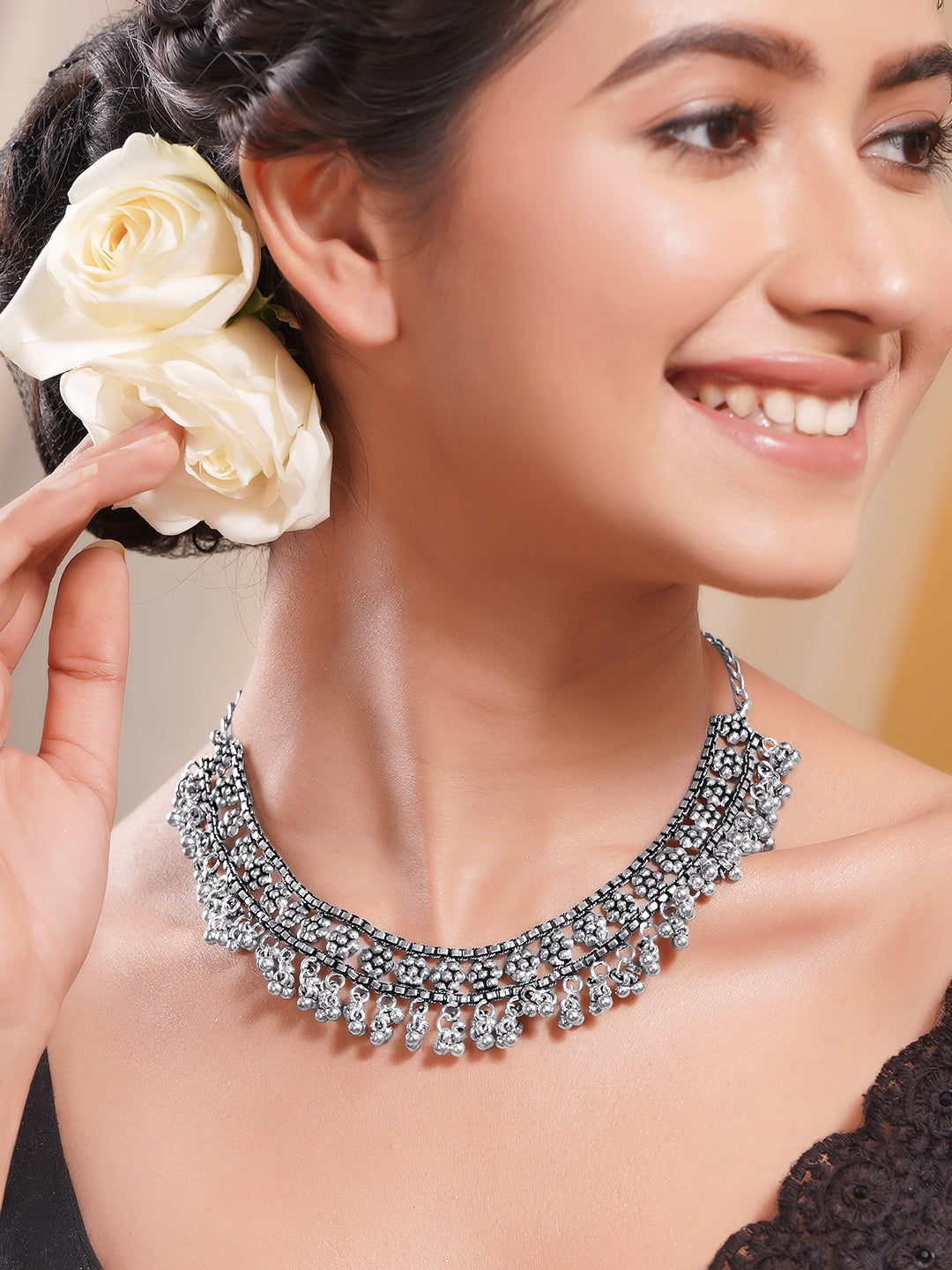 Oxidised Silver Tone Brass Ghungroo Statement Necklace フリーサイズ