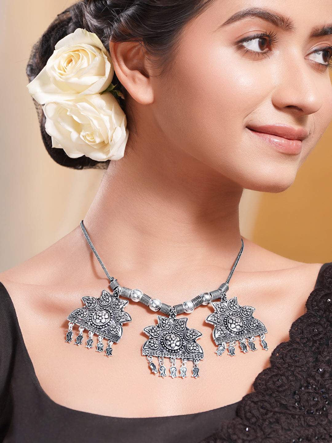 Oxidised Silver Tone Brass Vintage Floral Statement Necklace フリーサイズ