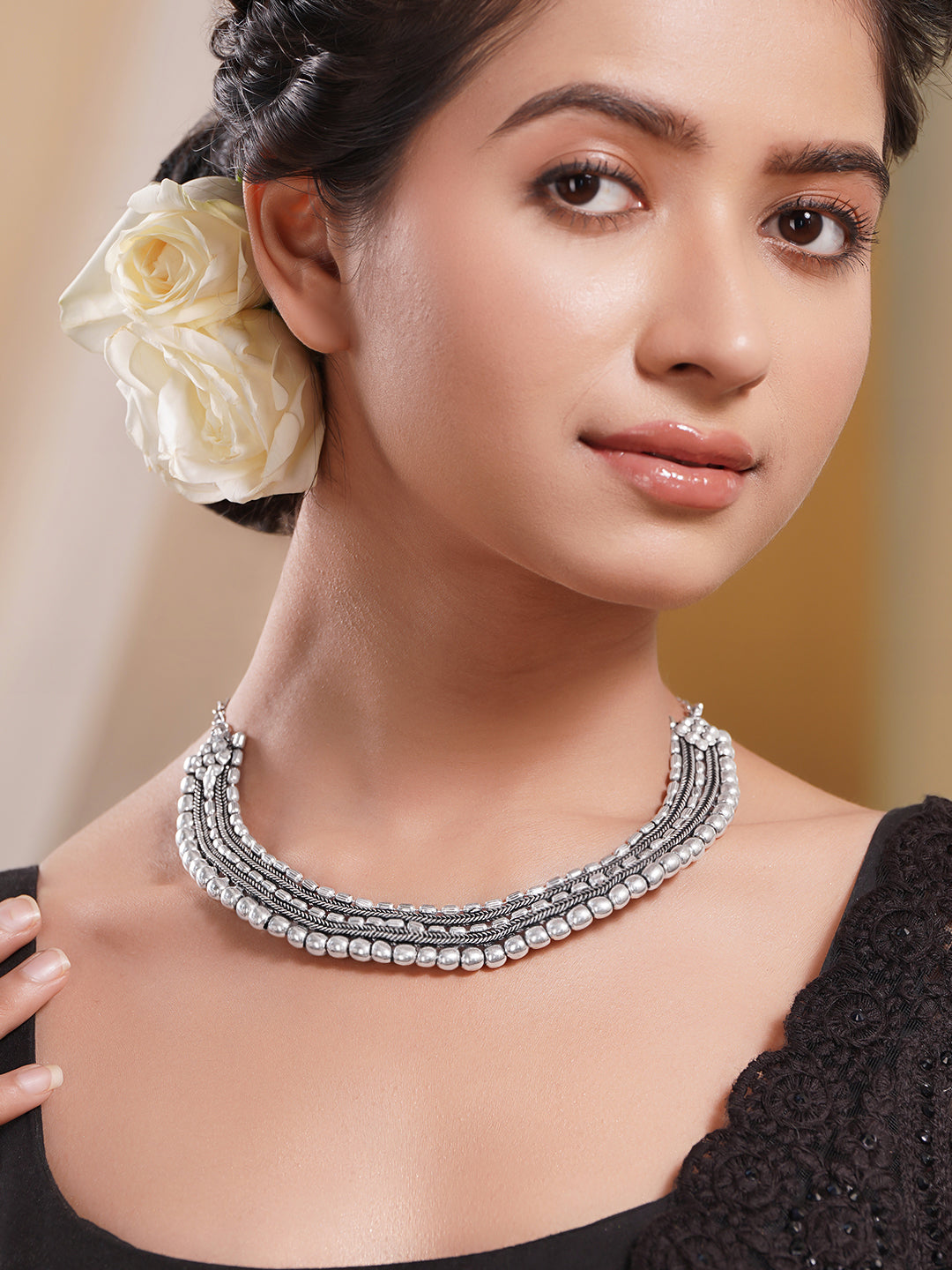 Oxidised Silver Tone Brass Layered Bead Statement Necklace フリーサイズ