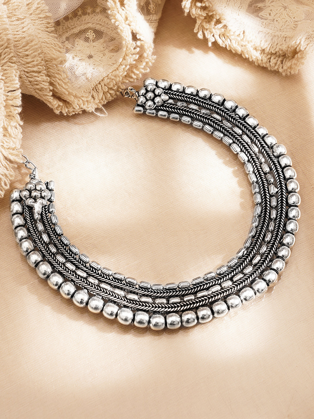Oxidised Silver Tone Brass Layered Bead Statement Necklace フリーサイズ