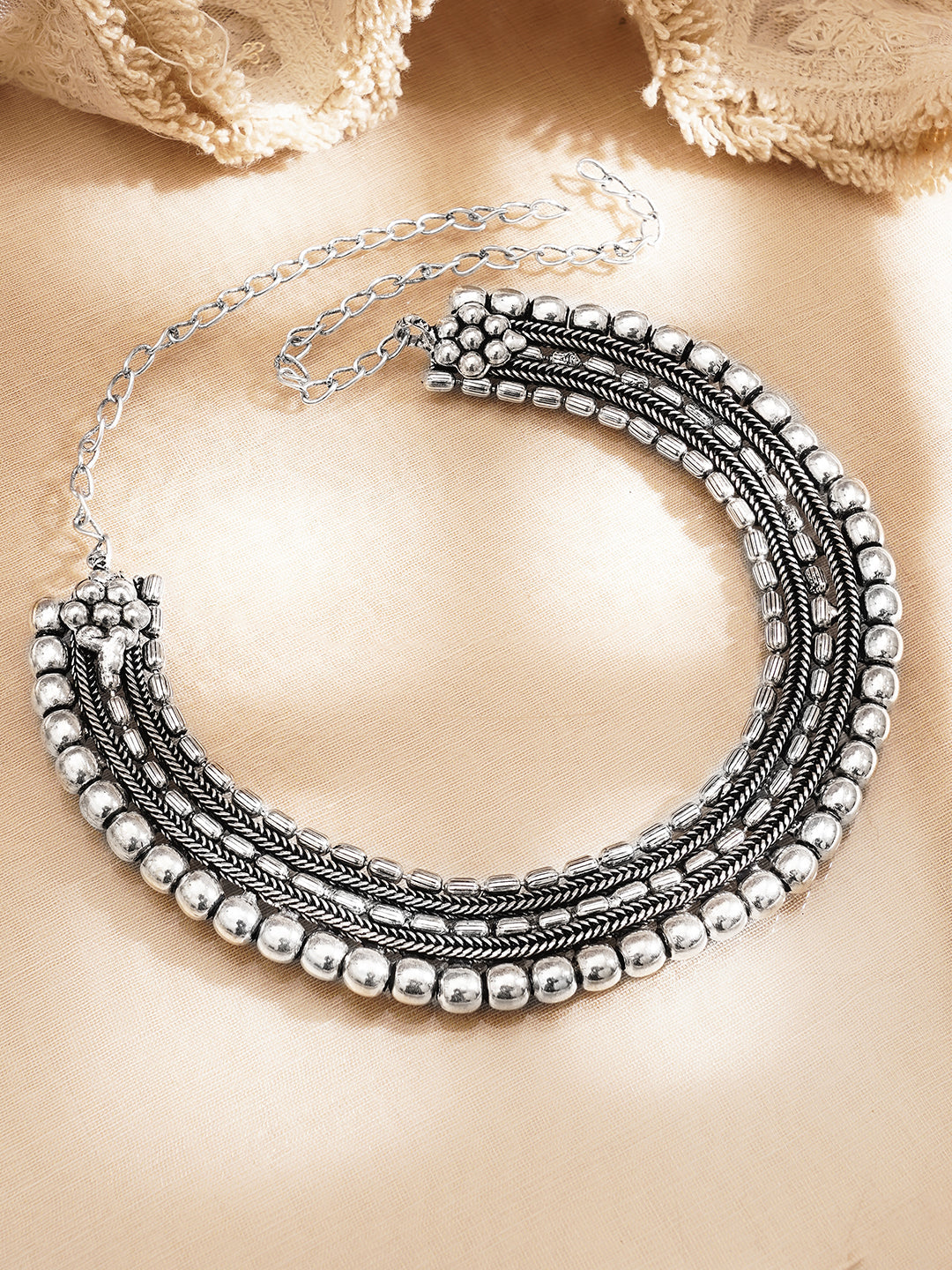 Oxidised Silver Tone Brass Layered Bead Statement Necklace フリーサイズ